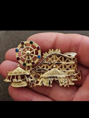 1980s Signed AJC Carnival Themed Gold Tone Brooch.